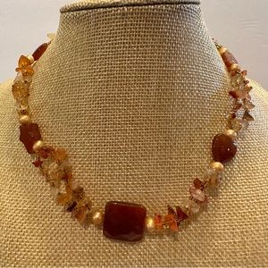 Gorgeous Genuine Carnelian Gemstone and Freshwater Pearls Necklace- orange